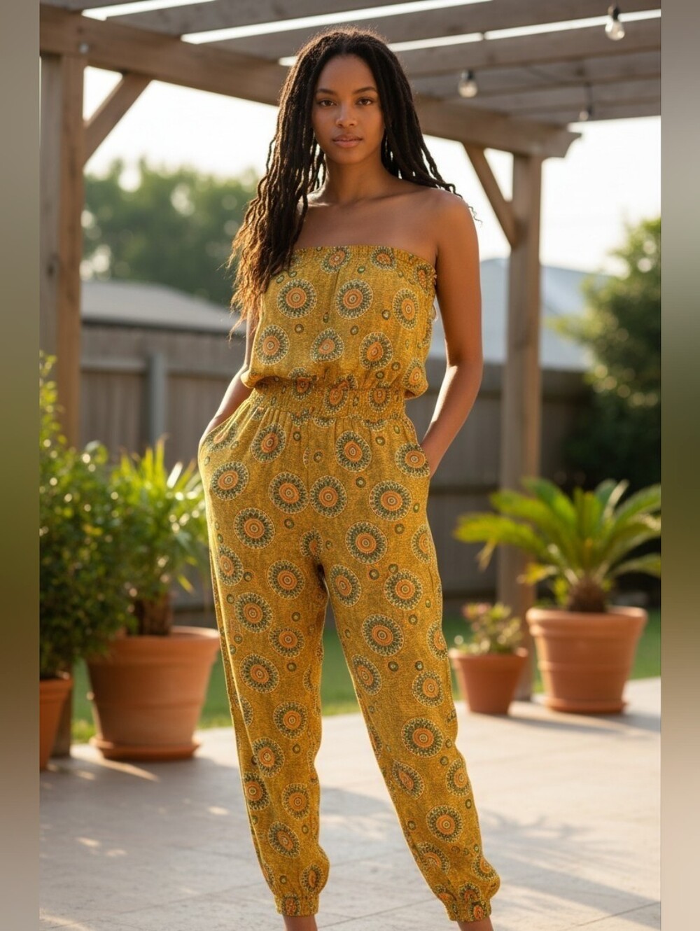 Love by Chesley 2X Yellow Boho Print Strapless Jumpsuit